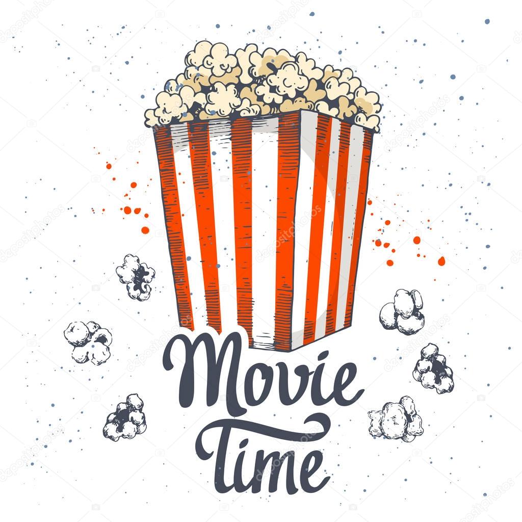 Vector illustration with sketch popcorn bucket. Cinema snack. Hand drawn fast food. Movie Time poster.