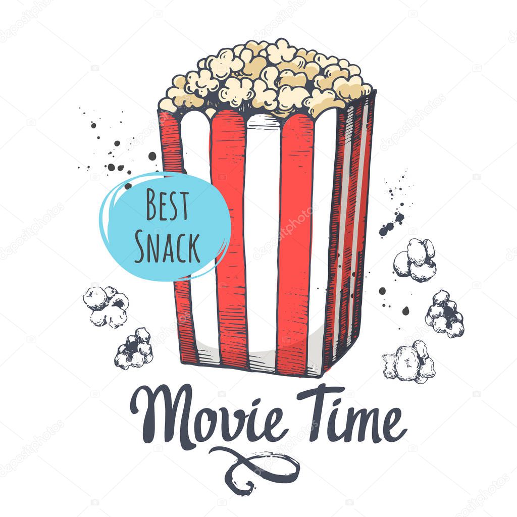 Vector illustration with sketch popcorn bucket. Cinema snack. Hand drawn fast food. Movie Time poster.