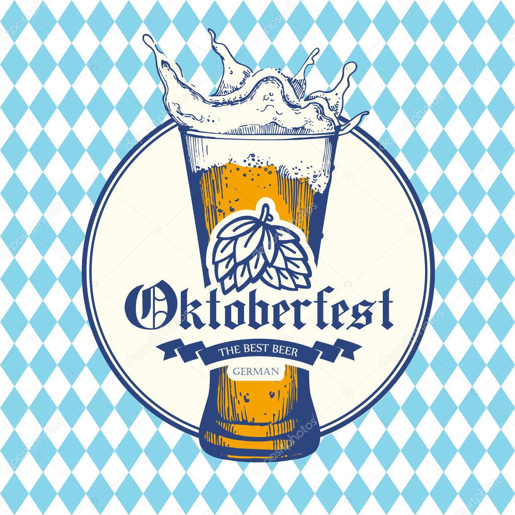 Oktoberfest icon. Drink menu. Vector illustration with beer glass in sketch style for pub. Alcoholic festival beverages on blue chess background.