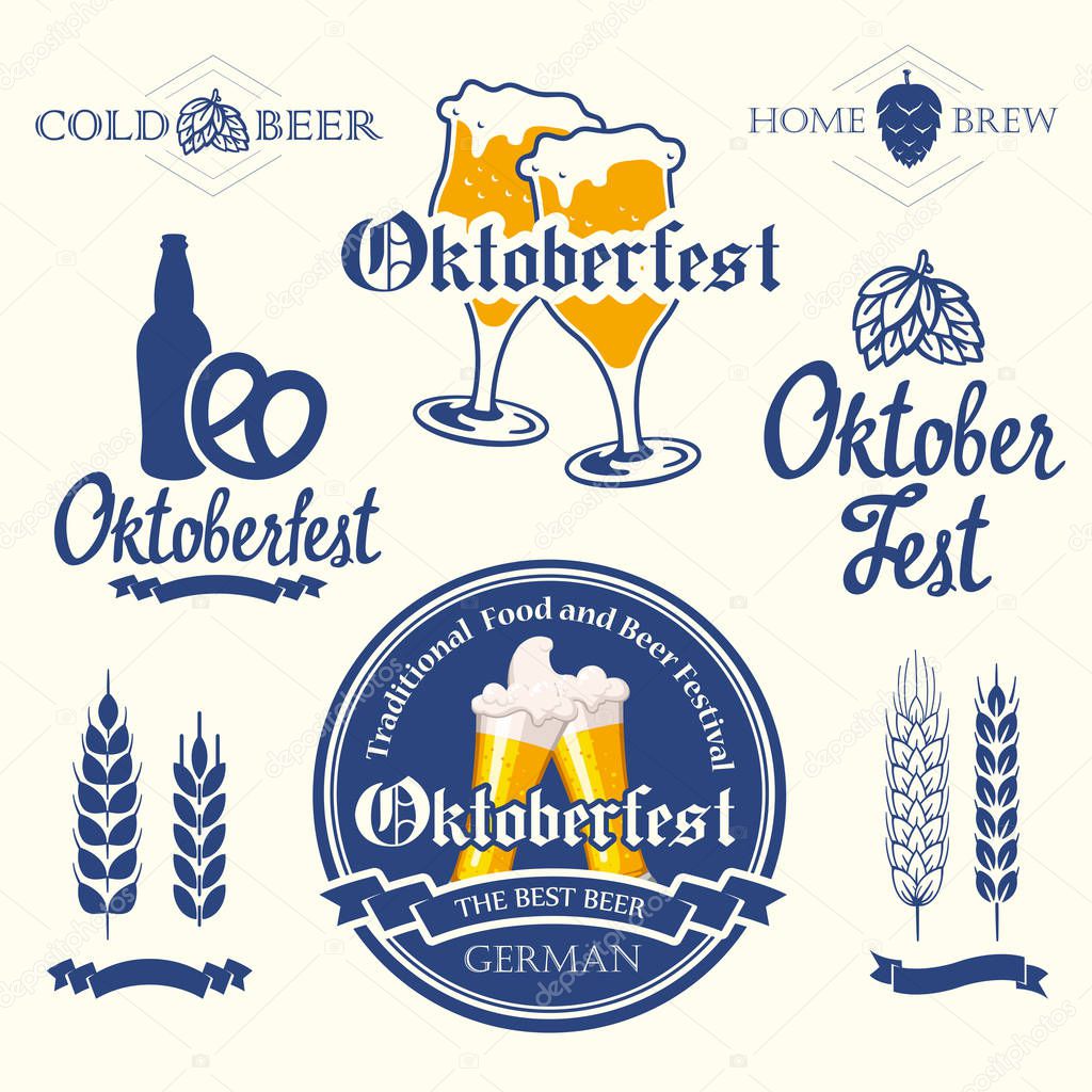 Vector Illustration with beer pub logo and labels. Simple symbols glass, bottle. Oktoberfest traditions. Decorative elements for your design.