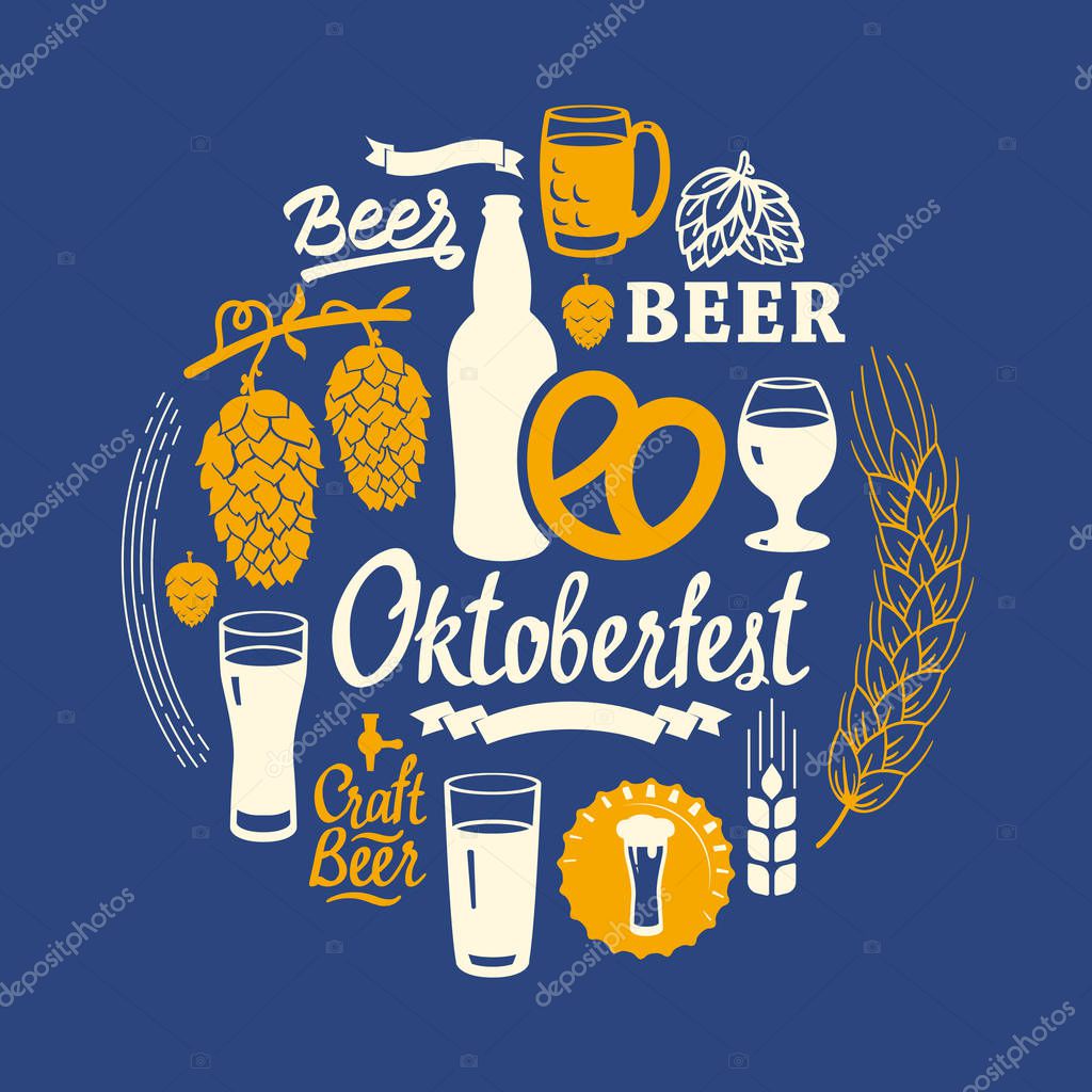 Different types of beer, cider and snack in sketch style. Round composition for pub menu. Vector illustration with drinks and snack on blue background.