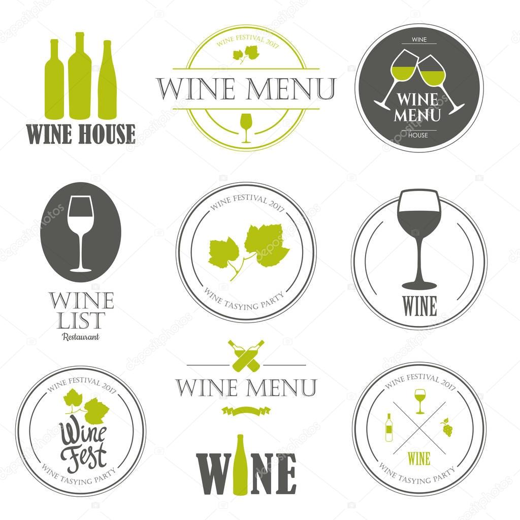 Vector Illustration with wine list logo and labels. Simple symbols glass, bottle for restaurant or winery. Traditions of drink. Decorative elements your design. Black white style.
