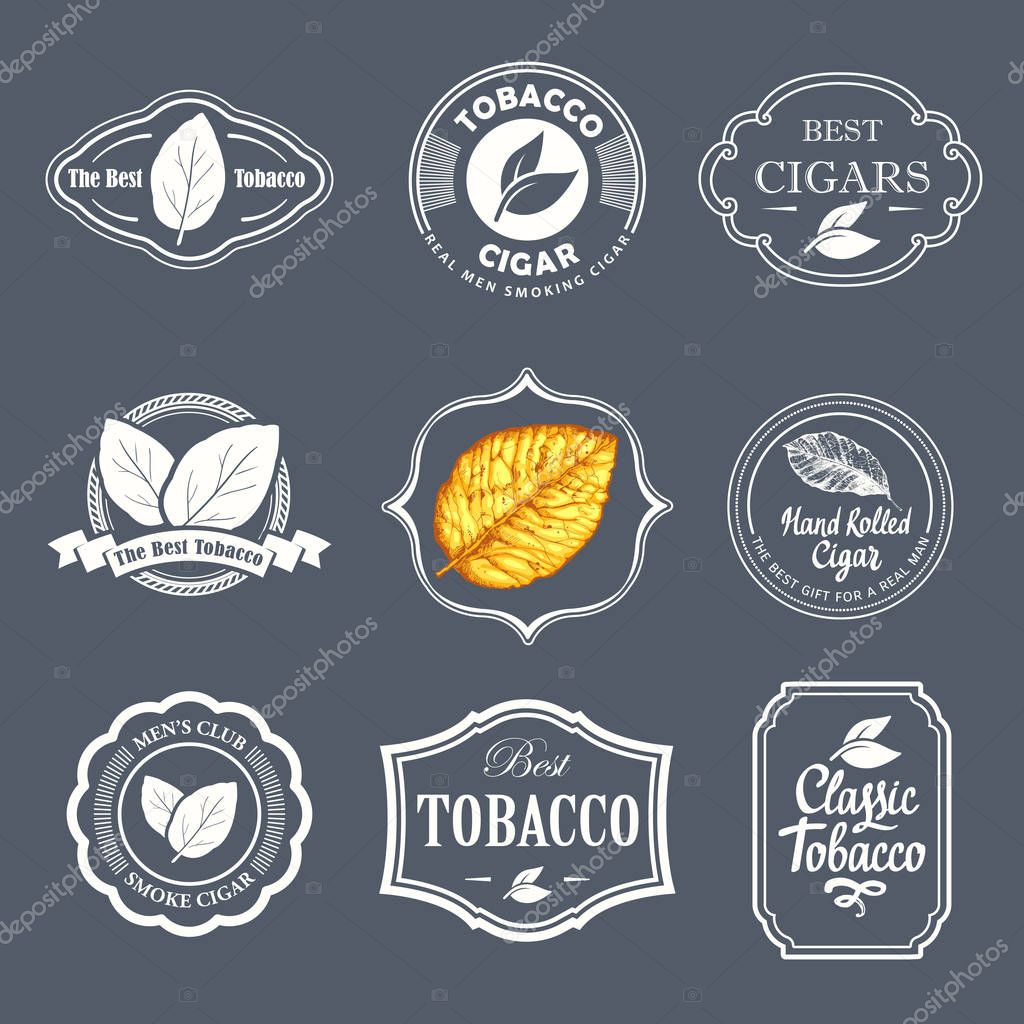 Vector Illustration with logo and labels. Simple symbols tobacco, cigar. Traditions of smokeke. Decorative elements, icon for your design. Gentleman style.