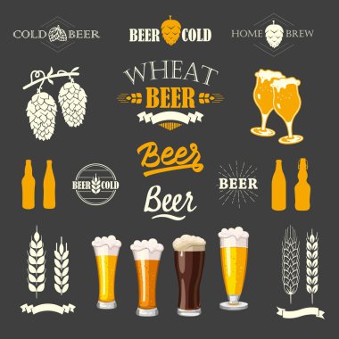 Bira pub logo ve etiketleri ile vektör çizim. Basit semboller cam, şişe. İçki geleneklerini. Dekoratif elemanlar tasarımınız için. Siyah beyaz stili.