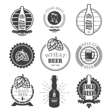 Bira pub logo ve etiketleri ile vektör çizim. Basit semboller cam, şişe. İçki geleneklerini. Dekoratif elemanlar tasarımınız için. Siyah beyaz stili.