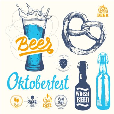 Bira pub logo ve etiketleri ile vektör çizim. Basit semboller cam, şişe. Oktoberfest gelenekleri. Tasarımınız için dekoratif elemanlar.
