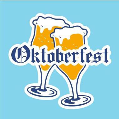 Oktoberfest simgesi. İçecek menüsü. Vektör çizim bira cam kroki tarzı pub ile. Festival alkollü mavi satranç arka plan üzerinde.