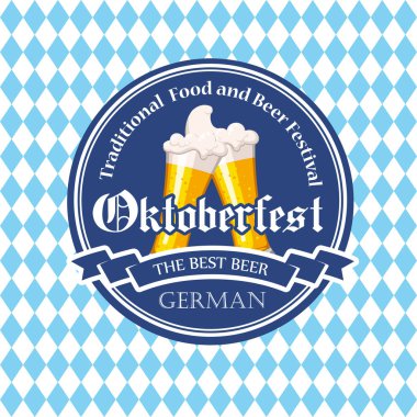 Oktoberfest simgesi. İçecek menüsü. Vektör çizim bira cam kroki tarzı pub ile. Festival alkollü mavi satranç arka plan üzerinde.