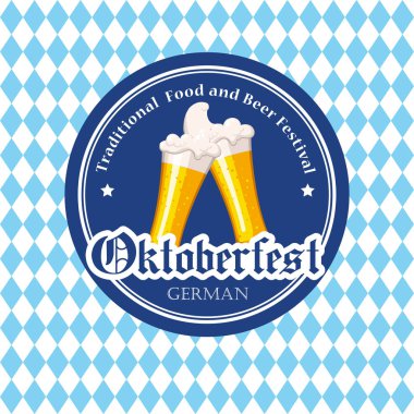 Oktoberfest simgesi. İçecek menüsü. Vektör çizim bira cam kroki tarzı pub ile. Festival alkollü mavi satranç arka plan üzerinde.