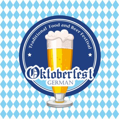 Oktoberfest simgesi. İçecek menüsü. Vektör çizim bira cam kroki tarzı pub ile. Festival alkollü mavi satranç arka plan üzerinde.