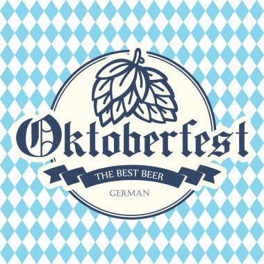 Oktoberfest simgesi mavi satranç zemin üzerine hop ile. İçecek menüsü. Vektör çizim bira etiket kroki tarzı pub için. Festival alkollü.