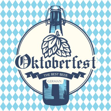 Oktoberfest simgesi. İçecek menüsü. Vektör çizim bira şişesi kroki tarzı pub ile. Festival alkollü mavi satranç arka plan üzerinde.