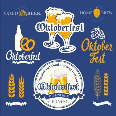 Bira pub logo ve etiketleri ile vektör çizim. Basit semboller cam, şişe. Oktoberfest gelenekleri. Tasarımınız için dekoratif elemanlar.