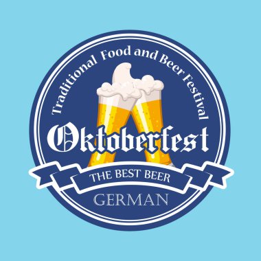 Oktoberfest simgesi. İçecek menüsü. Vektör çizim bira cam kroki tarzı pub ile. Mavi arka plan üzerinde festival alkollü.