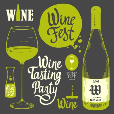 Vektör çizim etiketleri, şişe, cam, kroki tarzı corkscrewin. Alkollü içki ayarla. Şarap Festivali. Fırça hat öğeleri tasarımınız için. El yazısı mürekkep yazı.