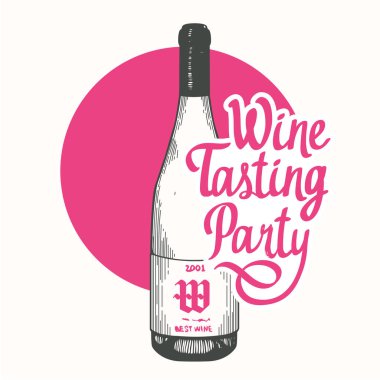 Vektör çizim şişe şarap listesi için kroki tarzı ile. Poster alkollü içecekler. Tatma partisi. Hat öğeleri tasarım fırça. El yazısı mürekkep yazı.