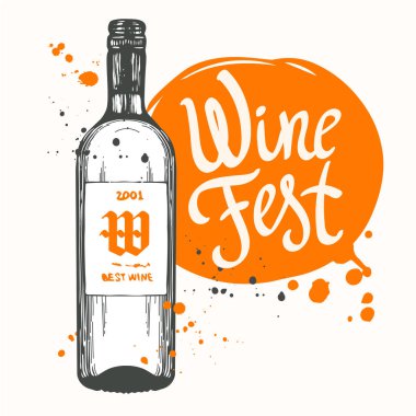 Vektör çizim şişe şarap listesi için kroki tarzı ile. Poster alkollü içecekler. Hat öğeleri tasarım fırça. El yazısı mürekkep yazı.