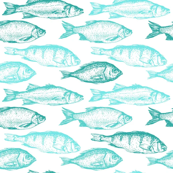 Ilustração vetorial com esboços de peixes. Fundo sem costura desenhado à mão cor azul. Padrão de frutos do mar . —  Vetores de Stock