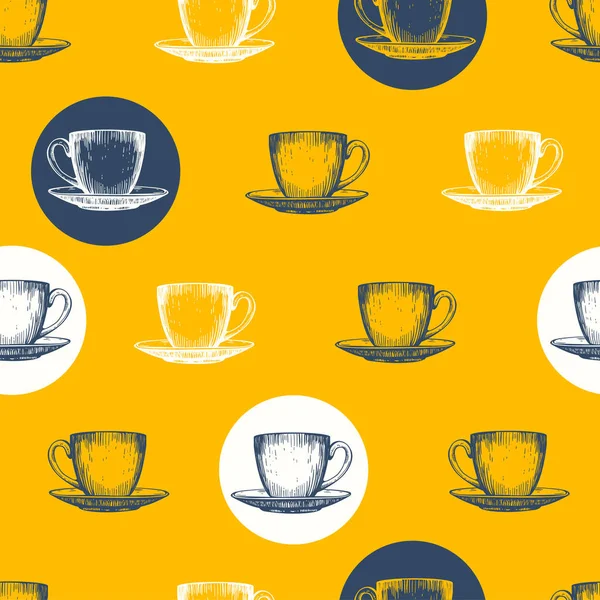Sömlös bakgrund med koppar. Tea party. Vector rolig Illustration av drycker mönster på vit. Dekorativa element för din packning design. Gul inredning. — Stock vektor