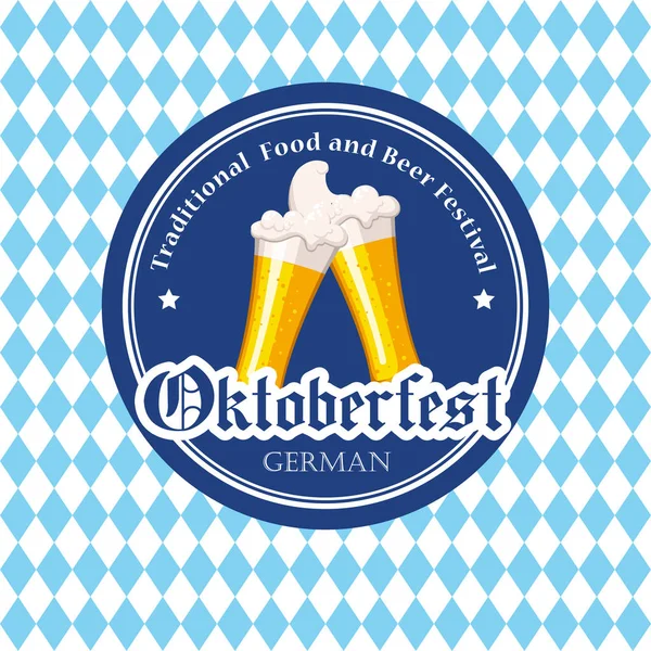 Oktoberfest simgesi. İçecek menüsü. Vektör çizim bira cam kroki tarzı pub ile. Festival alkollü mavi satranç arka plan üzerinde.