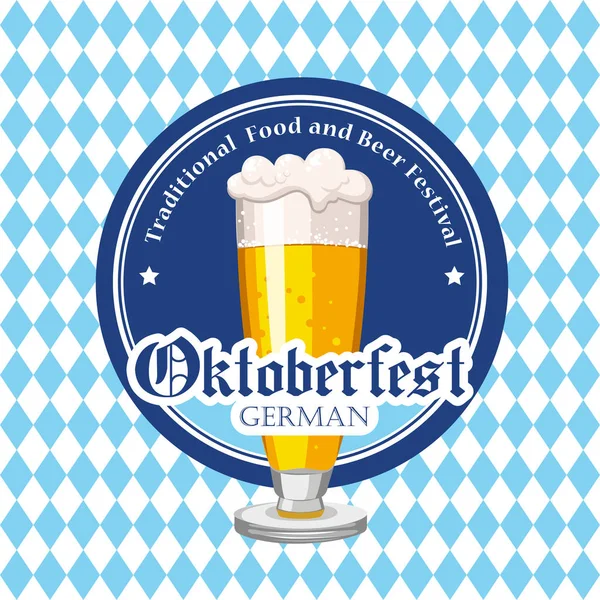Oktoberfest icon. Drink menu. Vector illustration with beer glass in sketch style for pub. Alcoholic festival beverages on blue chess background. — Stock Vector