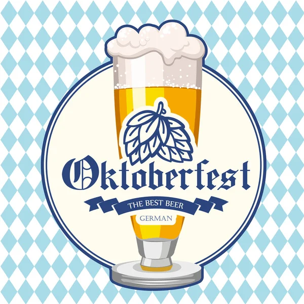 Ícone Oktoberfest. Menu de bebidas. Ilustração vetorial com copo de cerveja em estilo esboço para pub. Bebidas alcoólicas do festival em fundo xadrez azul . — Vetor de Stock