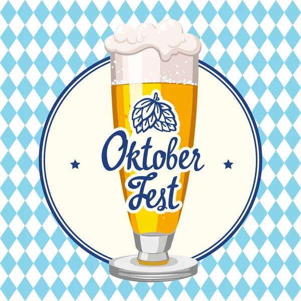 Oktoberfest-Symbol. Getränkekarte. Vektor-Illustration mit Bierglas im Skizzenstil für die Kneipe. alkoholische Festgetränke auf blauem Schachhintergrund. — Stockvektor