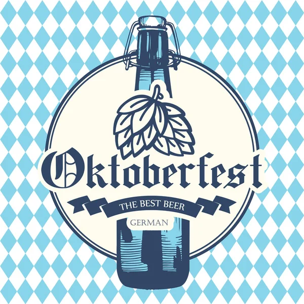 Oktoberfest-Symbol. Getränkekarte. Vektor-Illustration mit Bierflasche im Sketch-Stil für Kneipe. alkoholische Festgetränke auf blauem Schachhintergrund. — Stockvektor