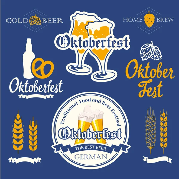 Bira pub logo ve etiketleri ile vektör çizim. Basit semboller cam, şişe. Oktoberfest gelenekleri. Tasarımınız için dekoratif elemanlar.