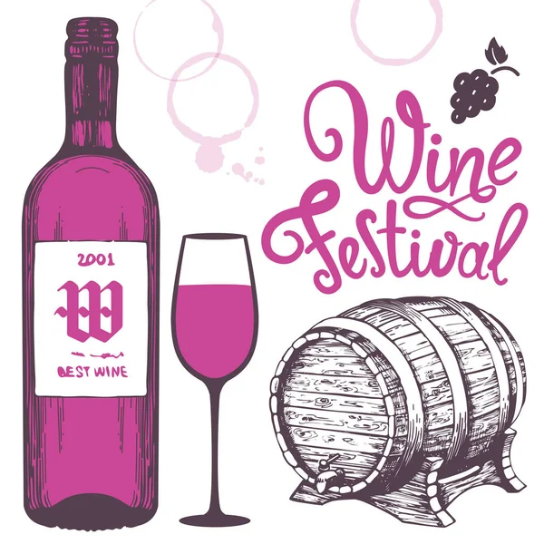 Vektör çizim şişe, cam, fıçı kroki tarzı ile. Alkollü içki ayarla. Şarap Festivali. Fırça hat öğeleri tasarımınız için. El yazısı mürekkep yazı.