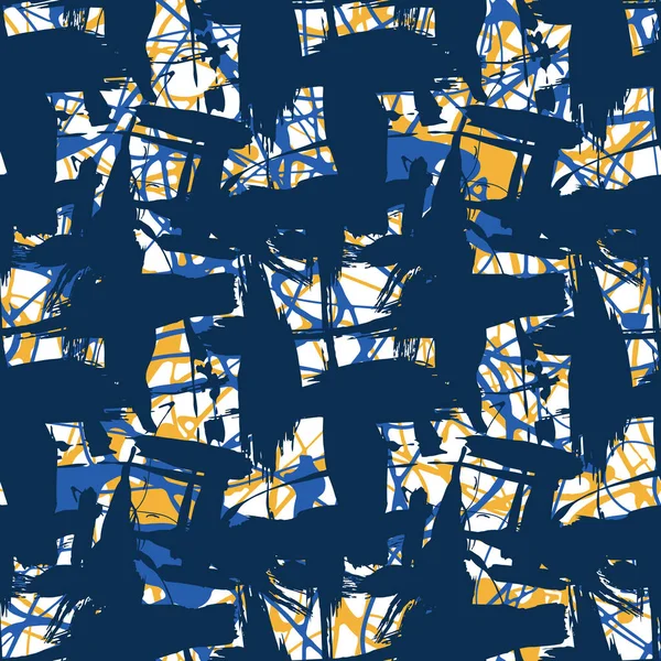 Pola mulus dengan tekstur kreatif. Vektor ilustrasi coretan cat. Latar belakang biru, kuning dan putih . - Stok Vektor