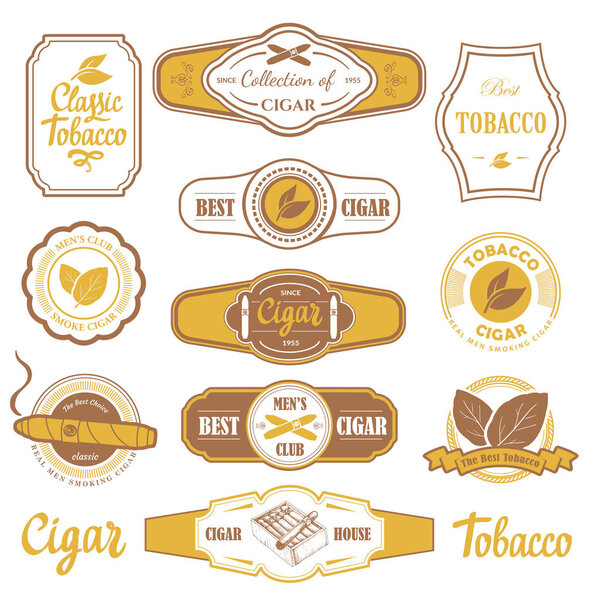 Vector Illustration with logo and labels. Simple symbols tobacco, cigar. Traditions of smokeke. Decorative elements, icon for your design. Gentleman style.