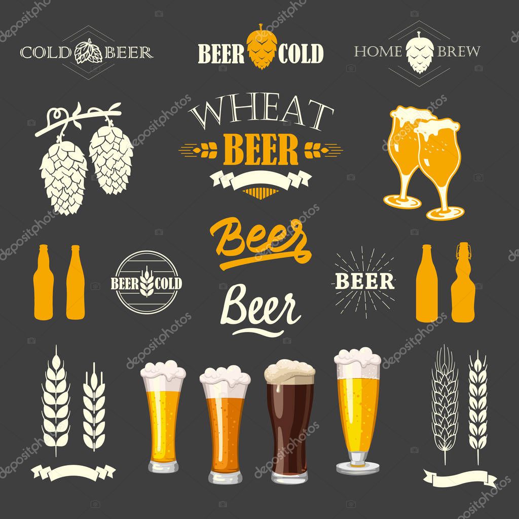 Vector Illustration with beer pub logo and labels. Simple symbols glass, bottle. Traditions of drink. Decorative elements for your design. Black white style.