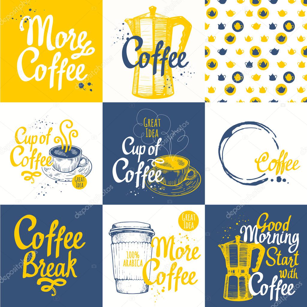 Set of coffee sketch with seamless background. Hot drinks menu. Vector Illustration: cup, maker and pattern. Brush calligraphy elements for your design. Handwritten ink lettering.