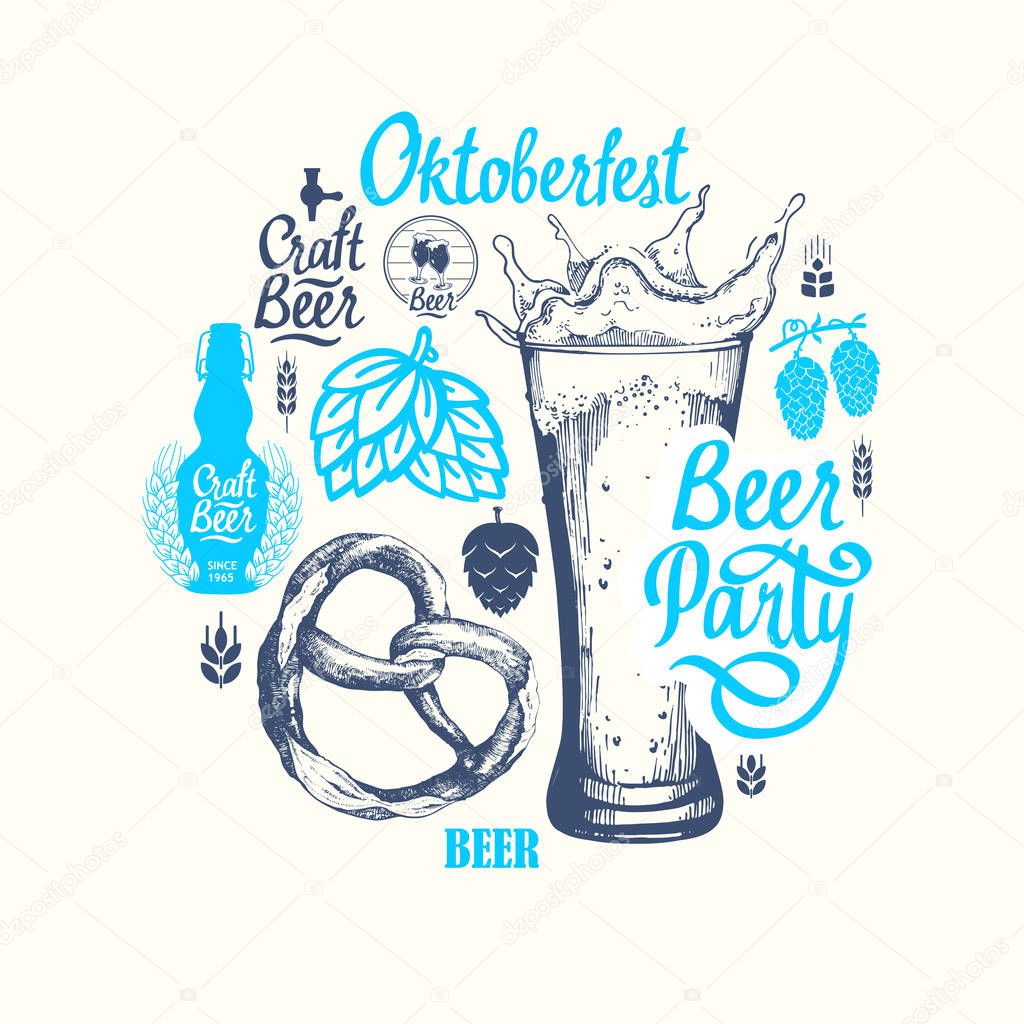 Different types of beer, cider and snack in sketch style. Round composition for pub menu on blue background. Vector illustration. Oktoberfest.