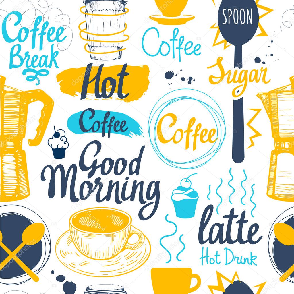 Seamless sketch background. Hot drinks menu. Vector Illustration pattern with cup, coffee maker, beans, spoon, labels.