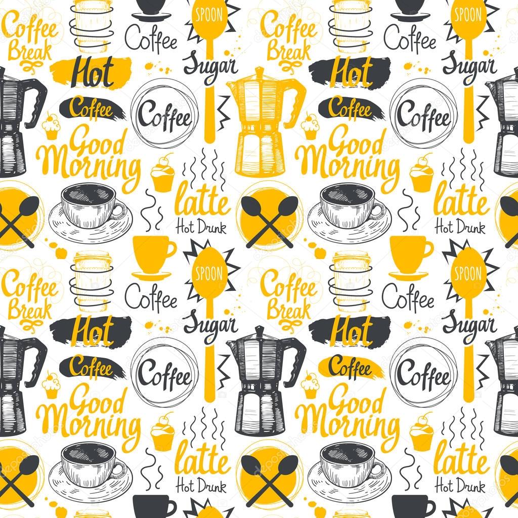 Seamless sketch background. Hot drinks menu. Vector Illustration pattern with cup, coffee maker, beans, spoon, labels.