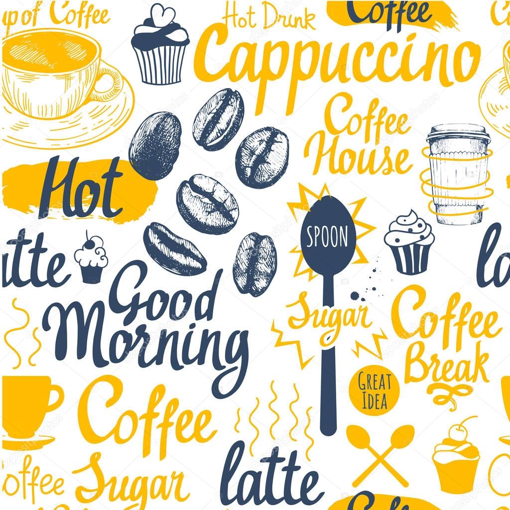 Seamless sketch background. Hot drinks menu. Vector Illustration pattern with cup, coffee maker, beans, spoon, labels.