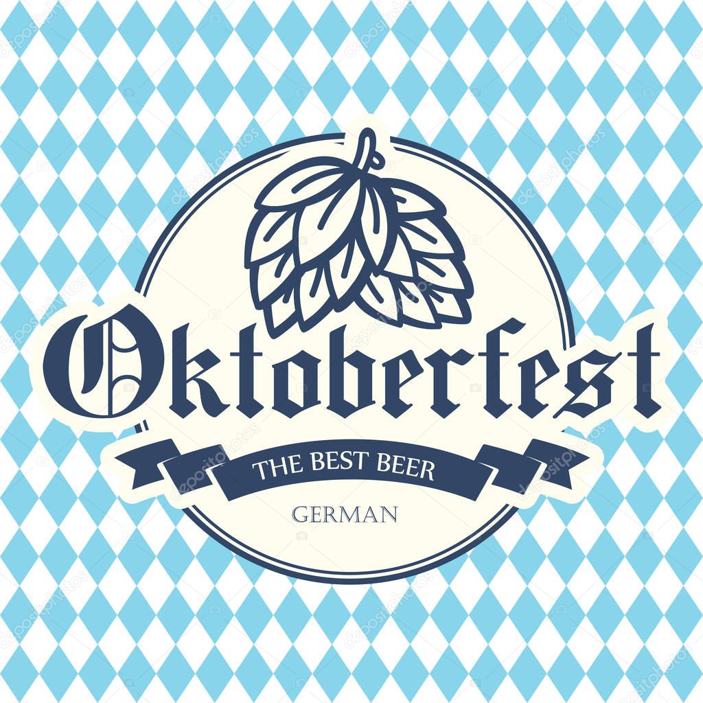 Oktoberfest icon with hop on blue chess background. Drink menu. Vector illustration with beer label in sketch style for pub. Alcoholic festival beverages.