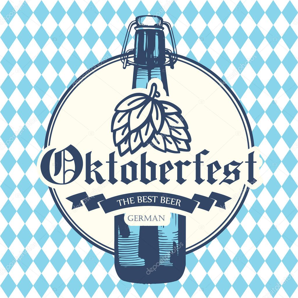 Oktoberfest icon. Drink menu. Vector illustration with beer bottle in sketch style for pub. Alcoholic festival beverages on blue chess background.