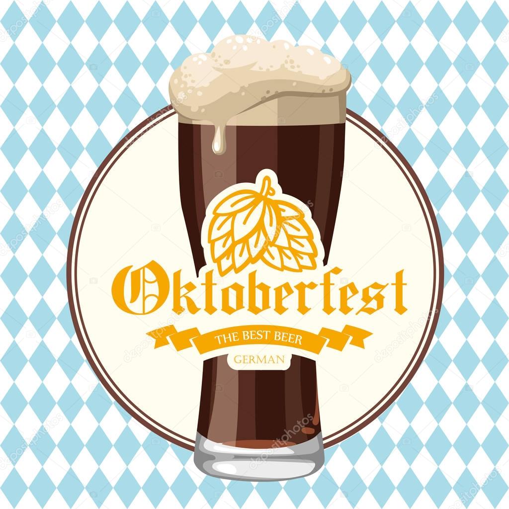 Oktoberfest icon. Drink menu. Vector illustration with beer glass in sketch style for pub. Alcoholic festival beverages on blue chess background.