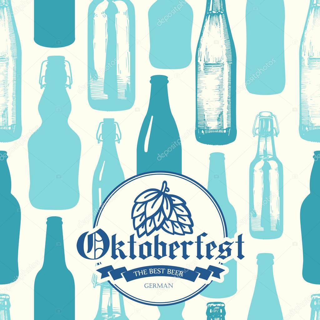 Seamless background with beer glass in sketch style. Vector illustration for pub menu. Oktoberfest pattern. Alcoholic beverages.