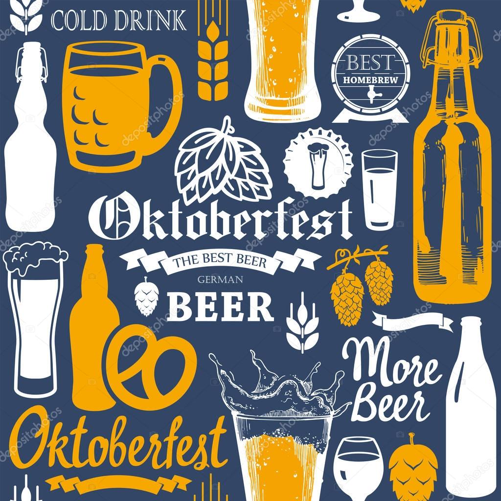 Seamless Oktoberfest background in sketch style. Vector Illustration with pub pattern. Multicolor decor. Different types of beer, cider and snack for your packing design.