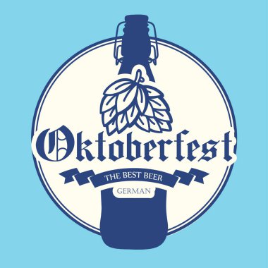 Oktoberfest simgesi. İçecek menüsü. Vektör çizim bira şişesi kroki tarzı pub ile. Mavi arka plan üzerinde festival alkollü.