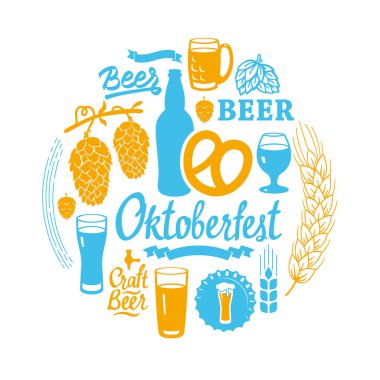 Bira, elma şarabı ve aperatif kroki tarzı farklı. Yuvarlak kompozisyon pub menü için. Vektör çizim beyaz arka plan üzerinde içecekler.