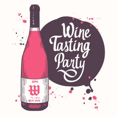 Vektör çizim şişe şarap listesi için kroki tarzı ile. Poster alkollü içecekler. Tatma partisi. Hat öğeleri tasarım fırça. El yazısı mürekkep yazı.