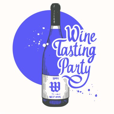 Vektör çizim şişe şarap listesi için kroki tarzı ile. Poster alkollü içecekler. Tatma partisi. Hat öğeleri tasarım fırça. El yazısı mürekkep yazı.