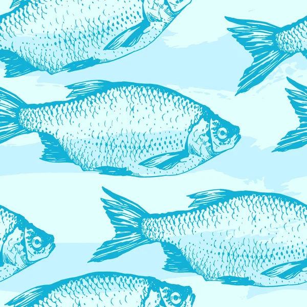 Vectorillustratie met schetsen van rudd vis. Handgetekende naadloze blauwe achtergrondkleur. Zeevruchten patroon. — Stockvector
