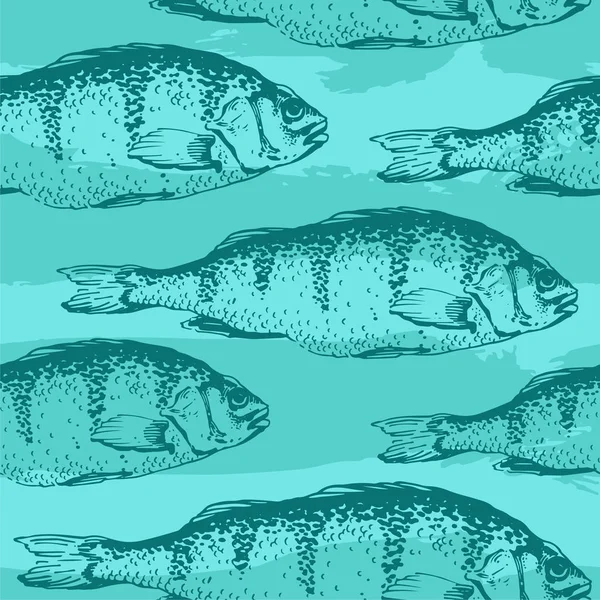 Ilustración vectorial con bocetos de pez carpa. Color azul de fondo sin costura dibujado a mano . — Vector de stock