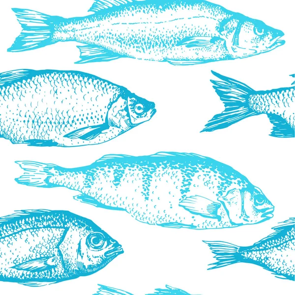 魚のスケッチをもつベクトル イラスト。手描きの青のシームレスな背景色です。シーフードのパターン. — ストックベクタ